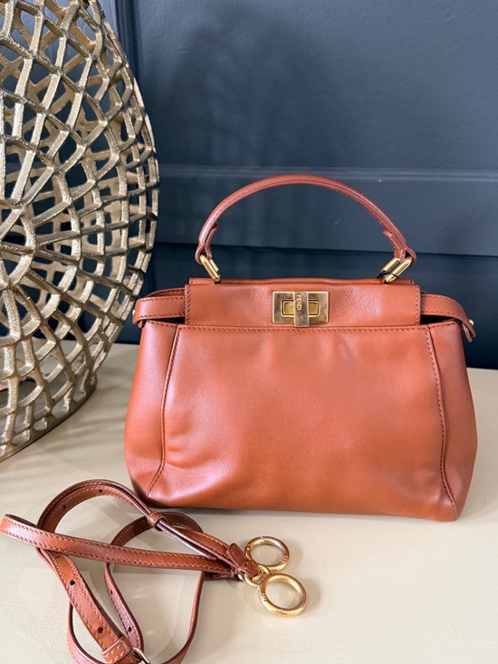 Fendi Handbags - Fendi Peekaboo Mini Brown Leather Top Handle Crossbody Bag Gold Hardware